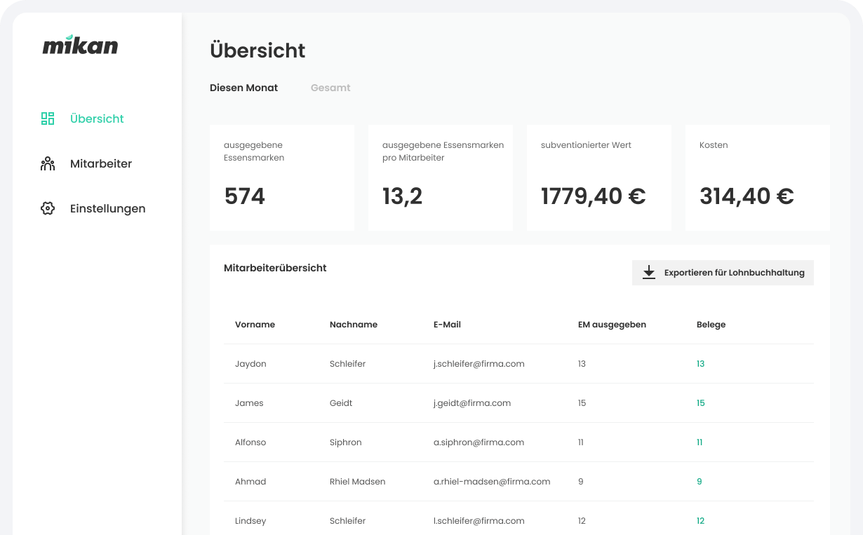 Unternehmensapp Screenshot Übersicht